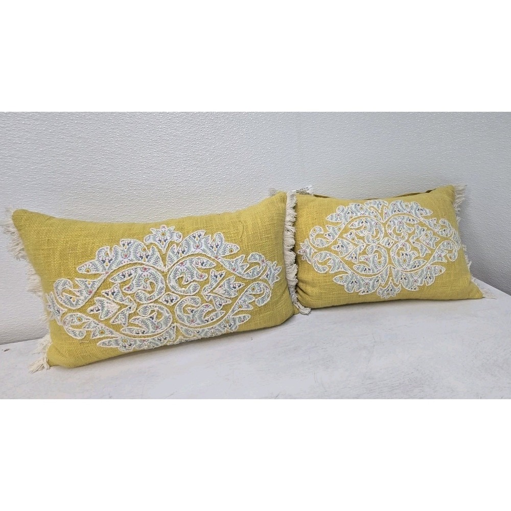 Cottage Core  Decorative Pillow yellow floral fringed 12x20 lot of 2